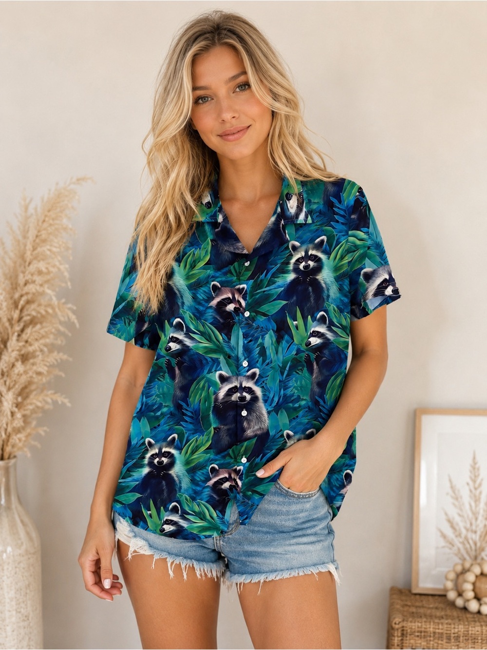 Amazon Blue and Green Raccoon Print Button-Down Shirt
